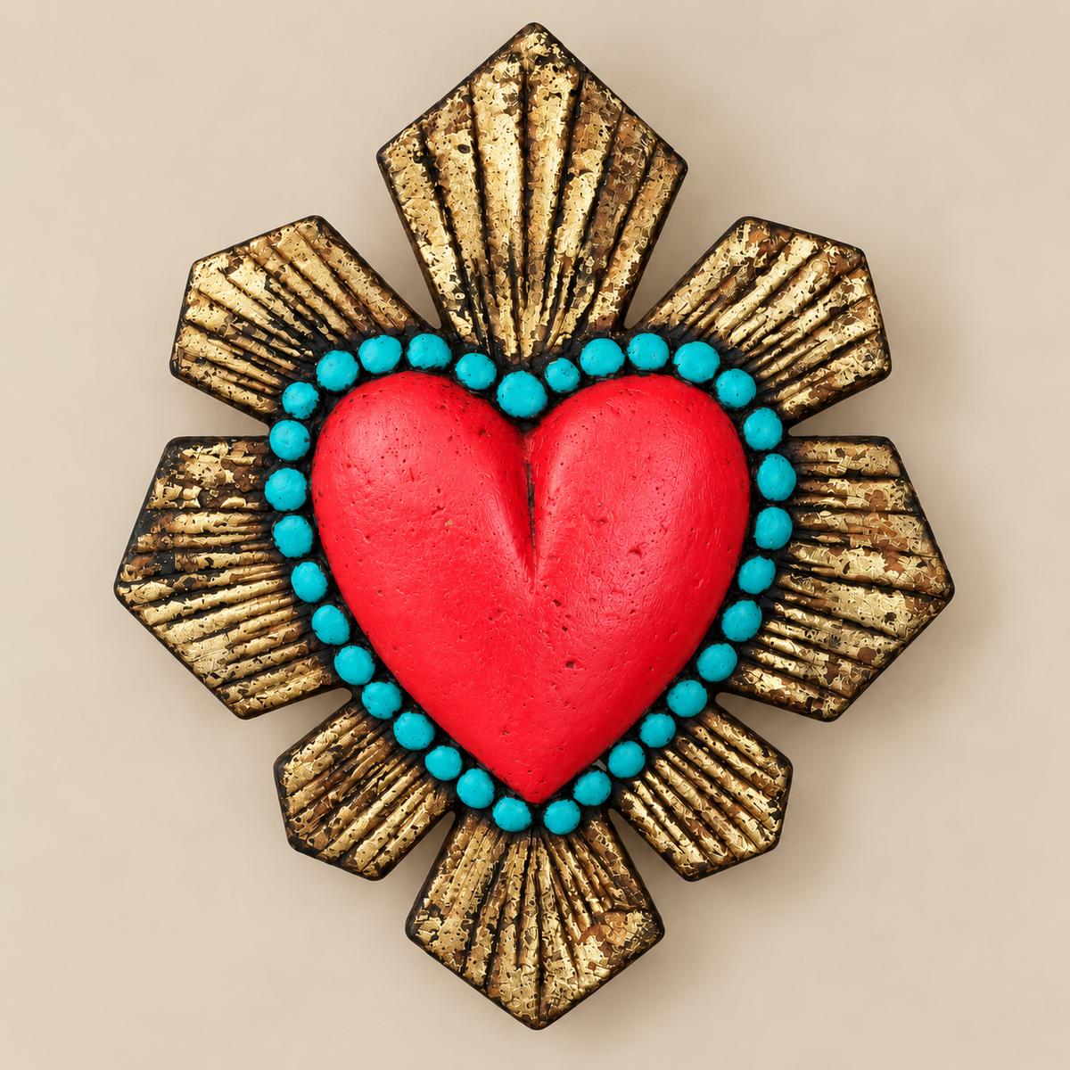 Corazón de Papel Maché Rojo con Rayos Dorados