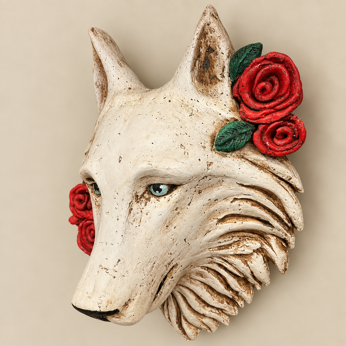 Escultura Mural de Lobo Blanco con Rosas