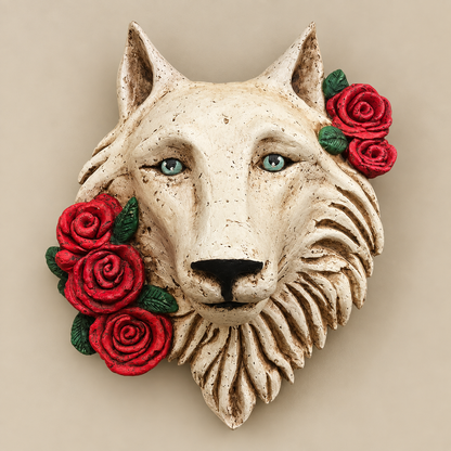 Escultura Mural de Lobo Blanco con Rosas